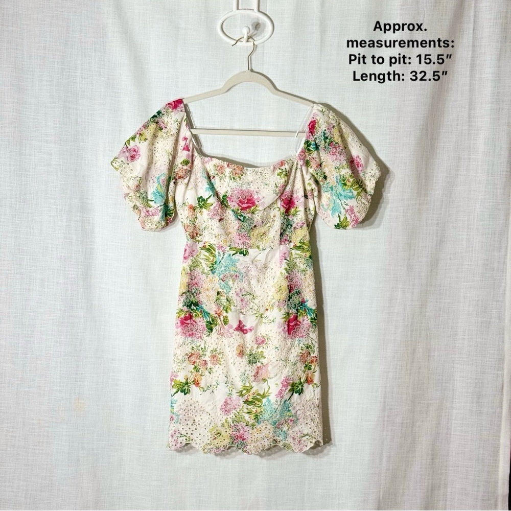 FORE Floral‎ Eyelet Puff Sleeve Mini Dress Cottagecore Romantic S